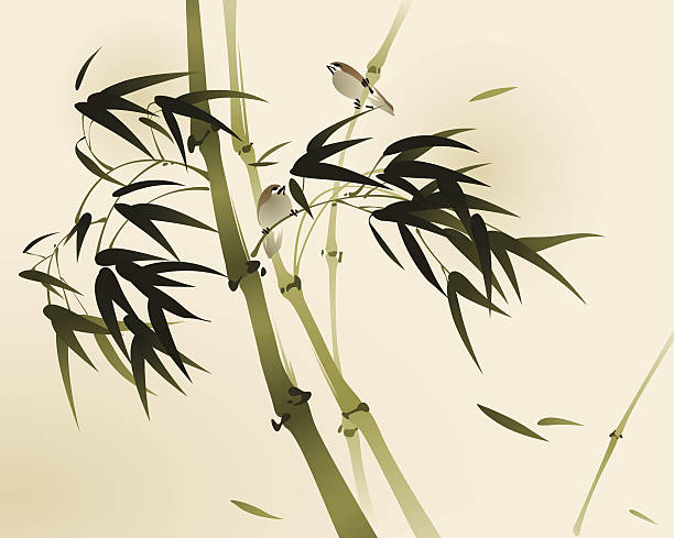 ilustrações, clipart, desenhos animados e ícones de pintura estilo oriental, bambu galhos - bamboo shoot leaf bamboo green