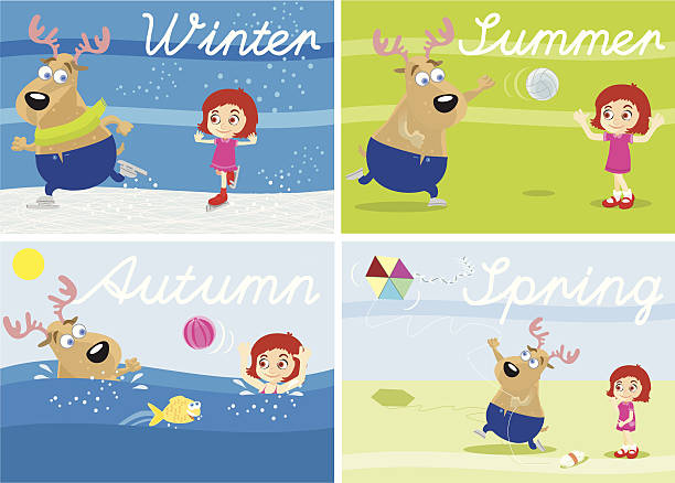 시즌즈 - four seasons season four objects four animals stock illustrations