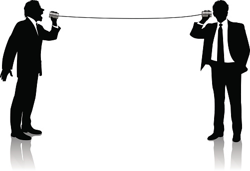 Businessmen playing telephone on a can and string. Files included – jpg, ai (version 8 and CS3), svg, and eps (version 8)