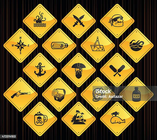 Yellow Road Signs Pirates Stock Illustration - Download Image Now - Road Sign, Wave - Water, Adventure