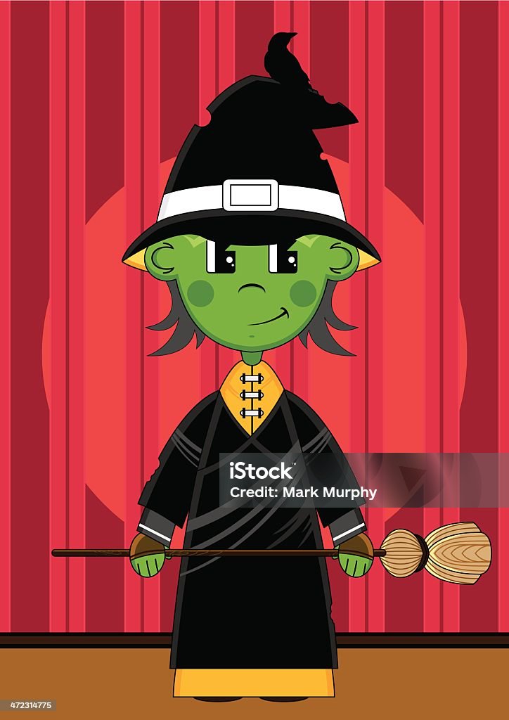 Halloween strega con Broomstick - arte vettoriale royalty-free di Adolescente