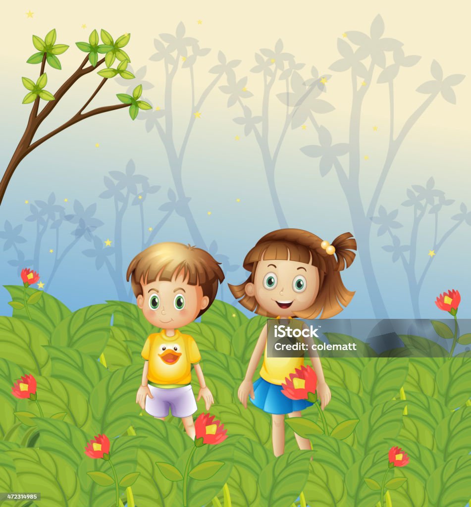 Девочка и Мальчик в саду - Векторная графика Векторная графика роялти-фри