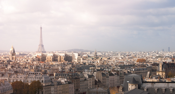 A vintage looking skyline photo taken in Paris France. The Eiffel Tower is to the left of the frame with dramatic clouds in the sky as a background.