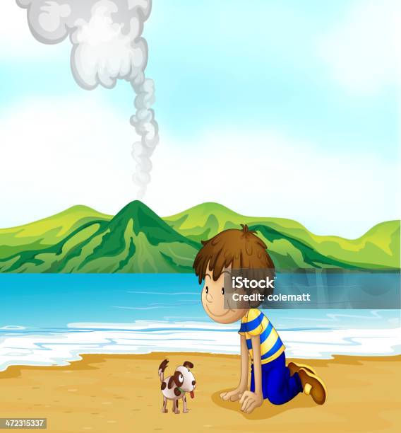 Mały Chłopiec I Jego Pet Na Plaży - Stockowe grafiki wektorowe i więcej obrazów Chłopcy - Chłopcy, Clip Art, Dym