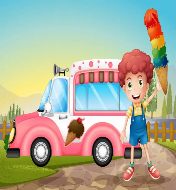 Vector illustration of Boy with ice-cream and the pink car