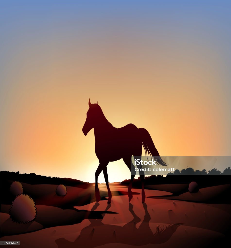 Cavalo em uma paisagem ao pôr do sol no deserto - Vetor de Animal royalty-free