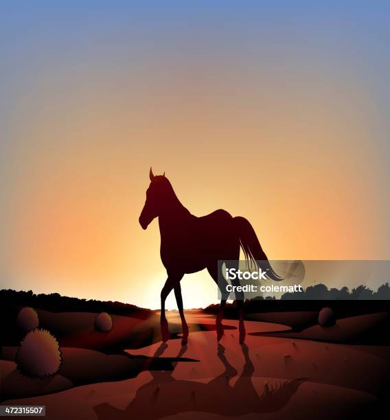 Vetores de Cavalo Em Uma Paisagem Ao Pôr Do Sol No Deserto e mais imagens de Animal - Animal, Areia, Azul