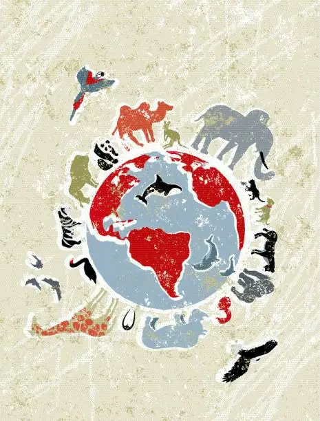 Vector illustration of Animals Surrounding a World Map