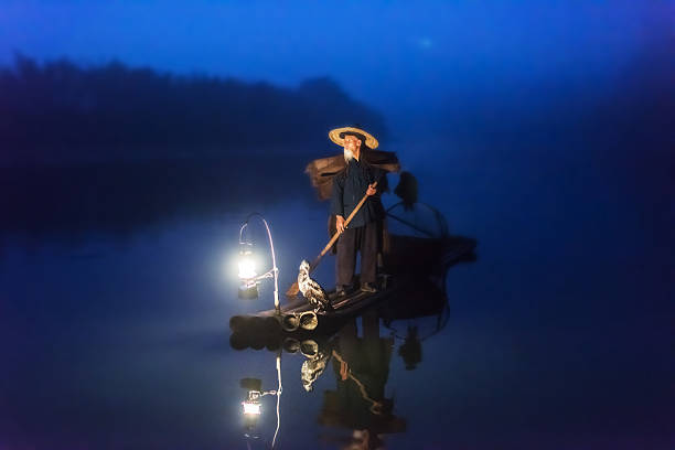 Chinese old senior fisherman on wooden raft fishing Li River Traditional chinese 75 year old senior fisherman in traditional clothes and chinese hat on his wooden fishing raft with two gray herons fishing on the Li River in the early morning fog light at sunrise illuminated by a petroleum lamp. Mirroring in the calm Li River water. Tranquil, moody original scene with real chinese fisherman shot at Xing Ping, close to the city of Yangshuo County, Guangxi, Guilin, China. The moon is shining through the foggy night sky. Shot with Nikon D810 together with 58mm f1.4 lens, Natural early morning light with high iso settings. li river stock pictures, royalty-free photos & images