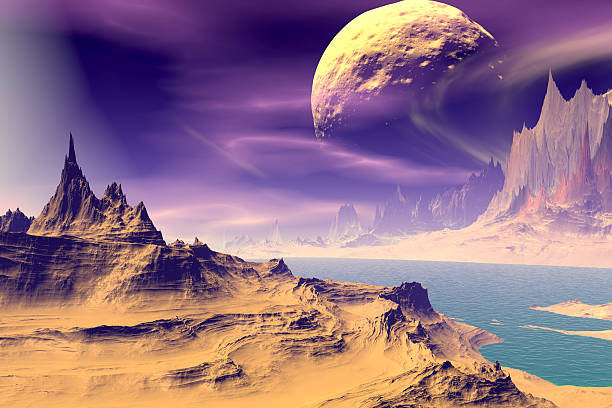 istock 3D rendered fantasy alien planet. Rocks and sky 472315664