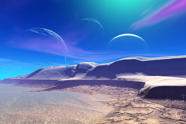 istock 3D rendered fantasy alien planet. Rocks and  moon 472315750