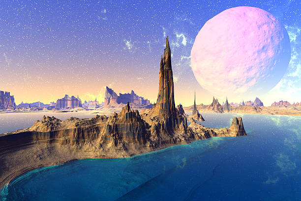 istock 3D rendered fantasy alien planet. Rocks and  moon 472315862