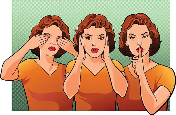 Vector illustration of Three women representing see hear and speak no evil