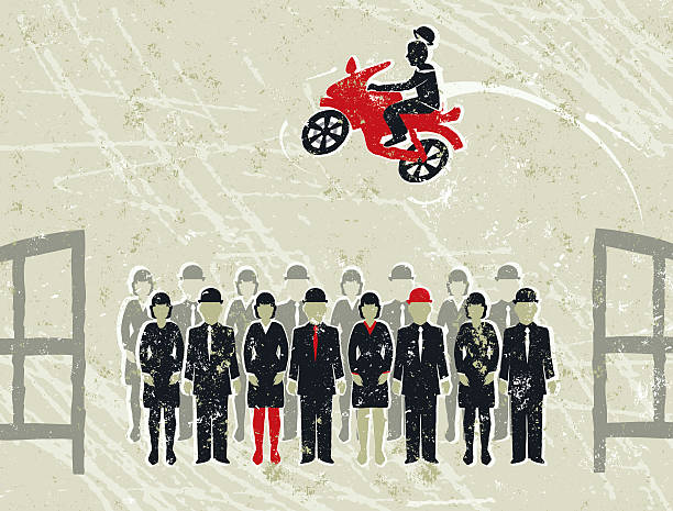 Upwardly Mobile! A stylized vector cartoon of a Businessman being riding a motorbike over people, the style is  reminiscent of an old screen print poster, suggesting achievement, upwards, on the up,chosen one, stand out from the crowd, recruitment, choice or competition. Men, woman, bicycle, ramp, paper texture and background are on different layers for easy editing. Please note: clipping paths have been used,  an eps version is included without the path.