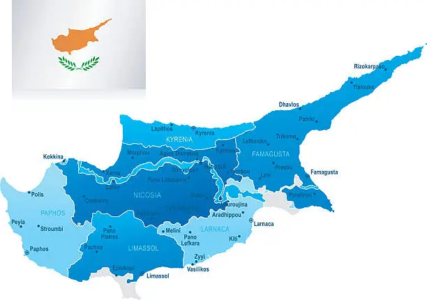 Vector illustration of Map of Cyprus - states, cities and flag