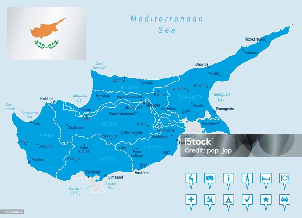 Mapa de Estados de Chipre, ciudades, bandera, iconos de navegación - arte vectorial de Larnaca libre de derechos