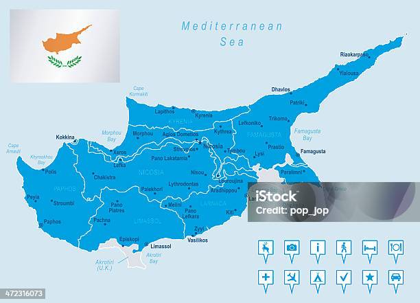 Карта Кипрштатах Городах Флаг Навигации Иконки — стоковая векторная графика и другие изображения на тему Ларнака - Ларнака, Республика Кипр, Большой город