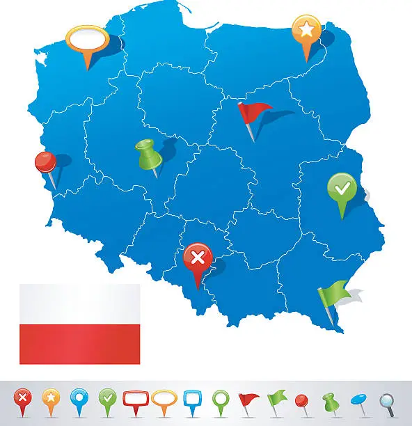 Vector illustration of Map of Poland with navigation icons