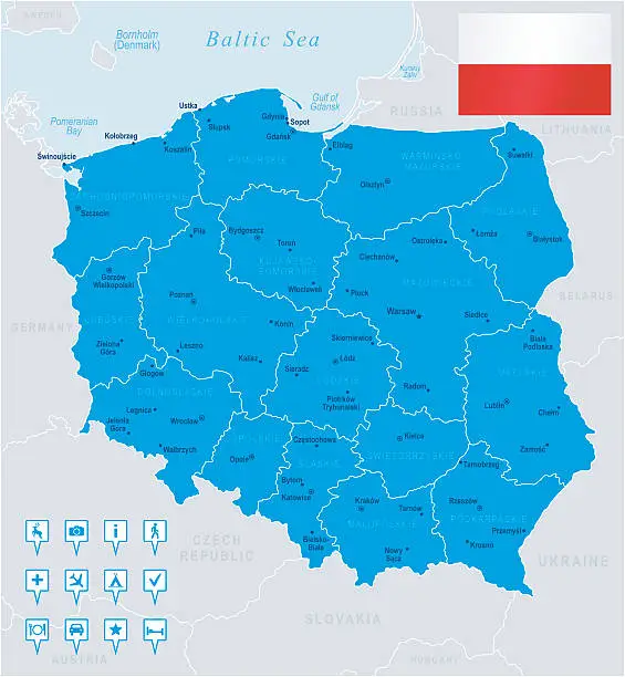 Vector illustration of Map of Poland - states, cities, flag, navigation icons