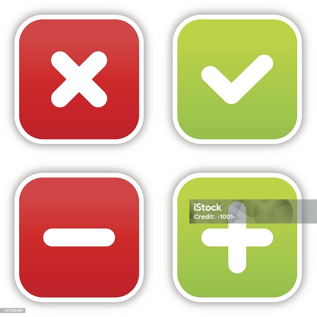 Validation sticker square label satin icon web button shadow Colored square shape stickers with white plus, minus, check mark, delete signs on white background. Red and green shapes with gray drop shadow on white background.  OK Button stock vector