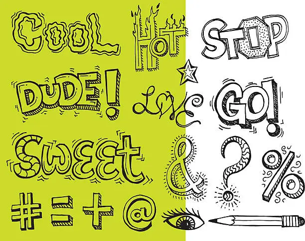 Vector illustration of Slang Terms and Symbol Doodles - Cool, Hot, Sweet