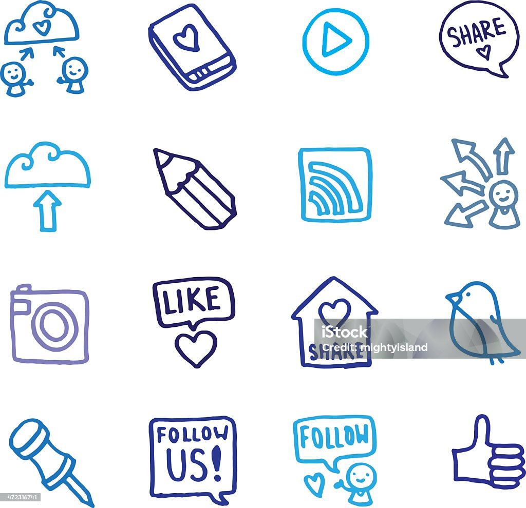 Condivisione e sociali doodle set di icone di rete - arte vettoriale royalty-free di Scarabocchio - Disegno