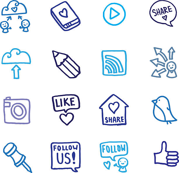 Sharing and social networking doodle icon set vector art illustration