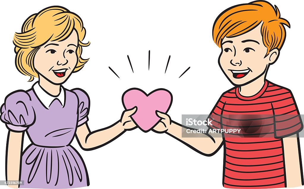 Boy Giving Girl Valentines Heart Great vintage illustration of a boy giving a girl a Valentine's heart. Perfect for St. Valentine's day or a childhood illustration. EPS and JPEG files included. Be sure to view my other illustrations, thanks! 1950-1959 stock vector