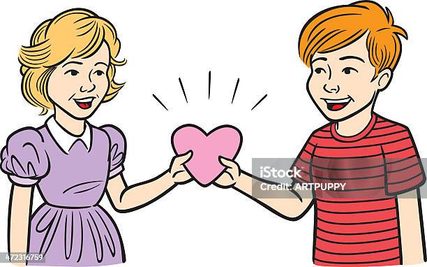 Boy Giving Girl Valentines Heart Stock Illustration - Download Image Now - 1950-1959, Boys, Cartoon