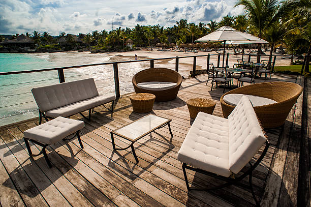 istock Outdoor restaurant at the seashore. Table setting in tropical Summer 472317048