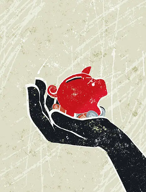 Vector illustration of Piggy Bank Being Held in the Palm of Giant Hand