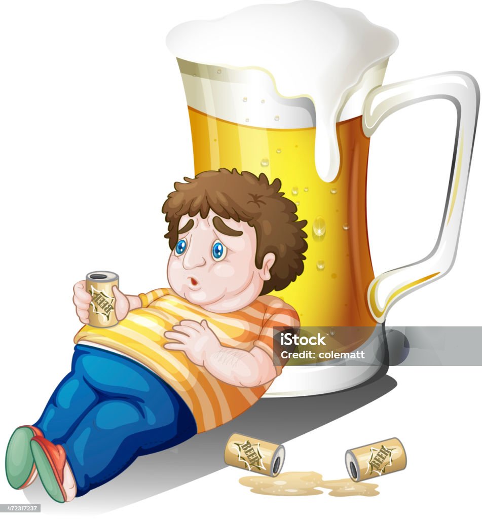 Fat boy com latas de cerveja de vidro perto de um grande - Vetor de Adulto royalty-free
