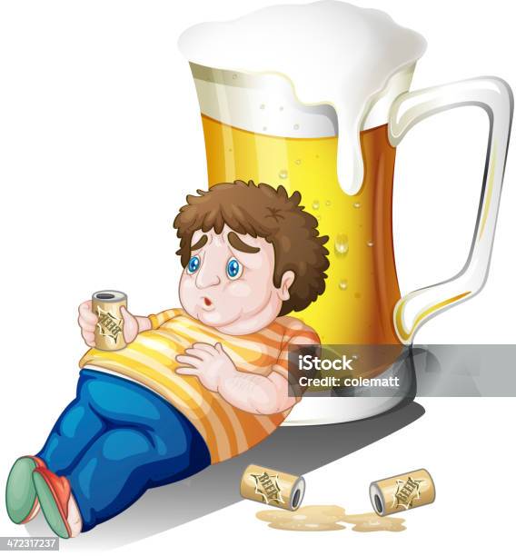 Gordura Menino Com Latas De Cerveja Perto De Um Grande Copo - Arte vetorial de stock e mais imagens de Abuso de Álcool