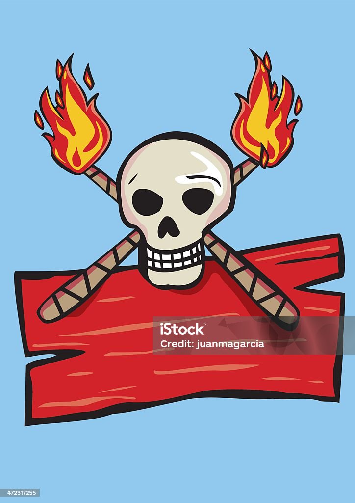 Sign with skull and flaming torches. Sign with skull and flaming torches. Poster to write some text to announce the jungle danger. Mystery danger and witchcraft. Adventures in the jungle. Fire Torches Animal Body Part stock vector