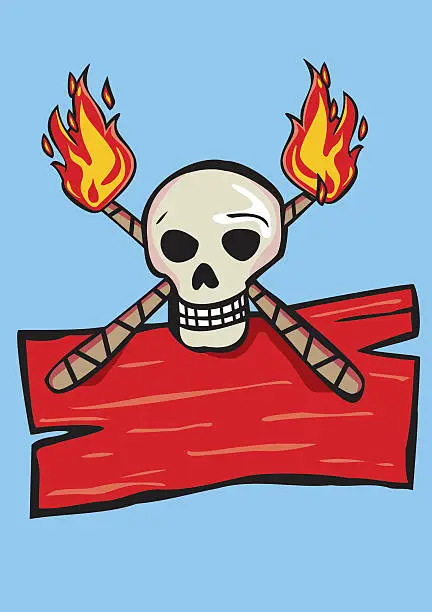 Vector illustration of Sign with skull and flaming torches.