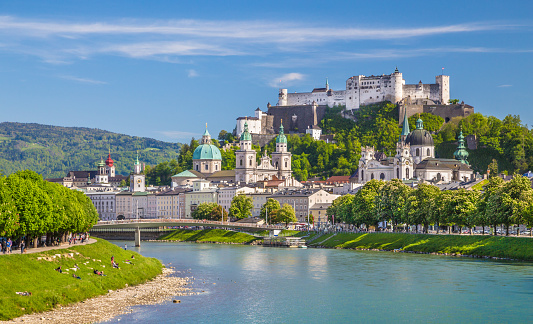 Historic city of Salzburg with river Salzach in springtime, Austria