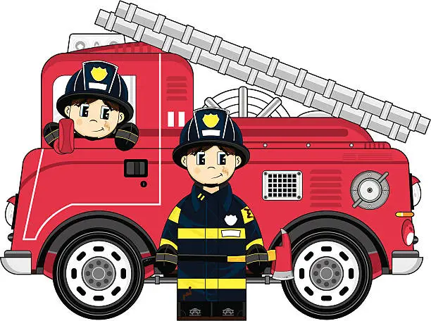 Vector illustration of Cartoon Fireman and Fire Engine