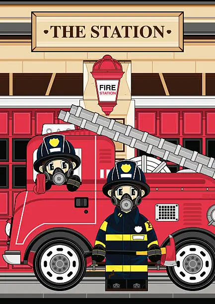 Vector illustration of Respo Fireman and Fire Engine Scene