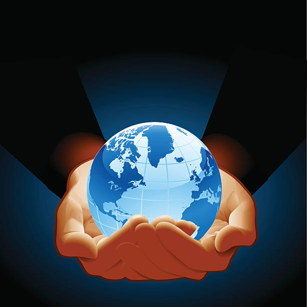 illustrazioni stock, clip art, cartoni animati e icone di tendenza di premuto mondo di - globe human hand earth world map