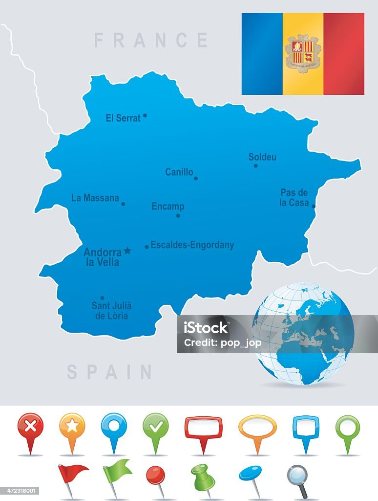 Karte von Andorra-Städte, Flagge und Symbole - Lizenzfrei Andorra Vektorgrafik