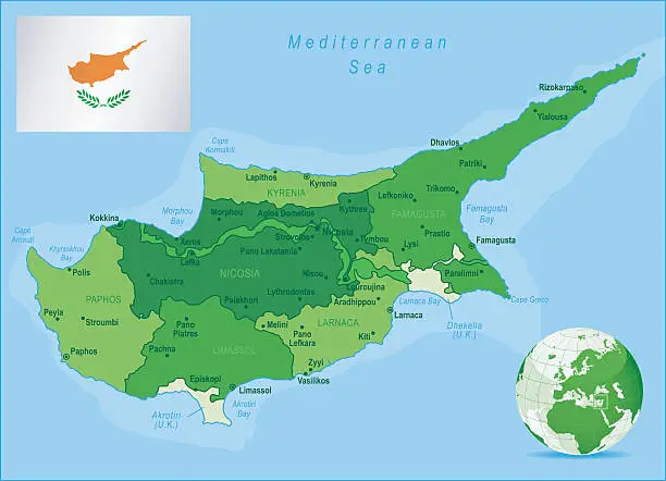 Vector illustration of Green Map of Cyprus - states, cities and flag
