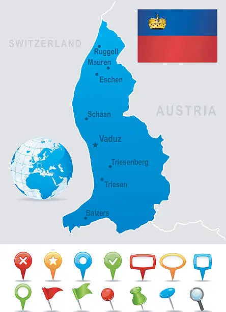 Vector illustration of Map of Liechtenstein - cities, flag and icons