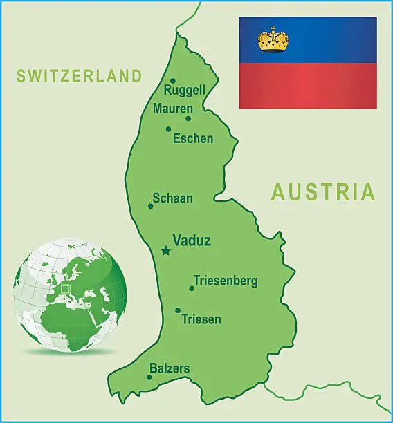 Vector illustration of Green Map of Liechtenstein - cities and flag