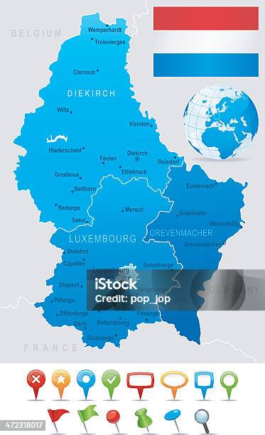 Map Of Luxembourg States Cities Flag And Icons Stock Illustration - Download Image Now - Globe - Navigational Equipment, Luxembourg - Benelux, Belgium