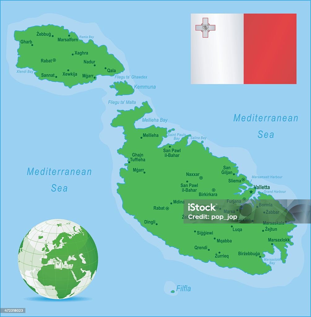 Green Mapa de Malta-ciudades y bandera - arte vectorial de Malta - Isla de Malta libre de derechos