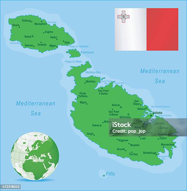 Ilustración de Green Mapa De Maltaciudades Y Bandera y más Vectores Libres de Derechos de Malta - Isla de Malta - Malta - Isla de Malta, Mapa, Bandera