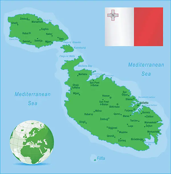 Vector illustration of Green Map of Malta - cities and flag