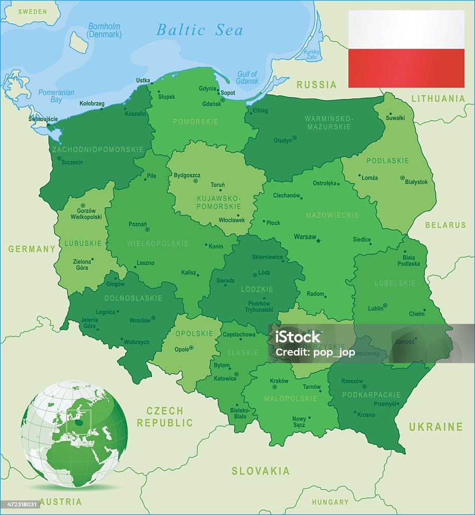 Green Map of Poland - states, cities and flag Highly detailed vector map of Poland with states, capitals and big cities. Austria stock vector
