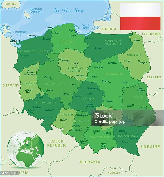 Green Map Of Poland States Cities And Flag Stock Illustration - Download Image Now - Austria, Baltic Sea, Belarus