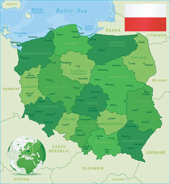Vector illustration of Green Map of Poland - states, cities and flag